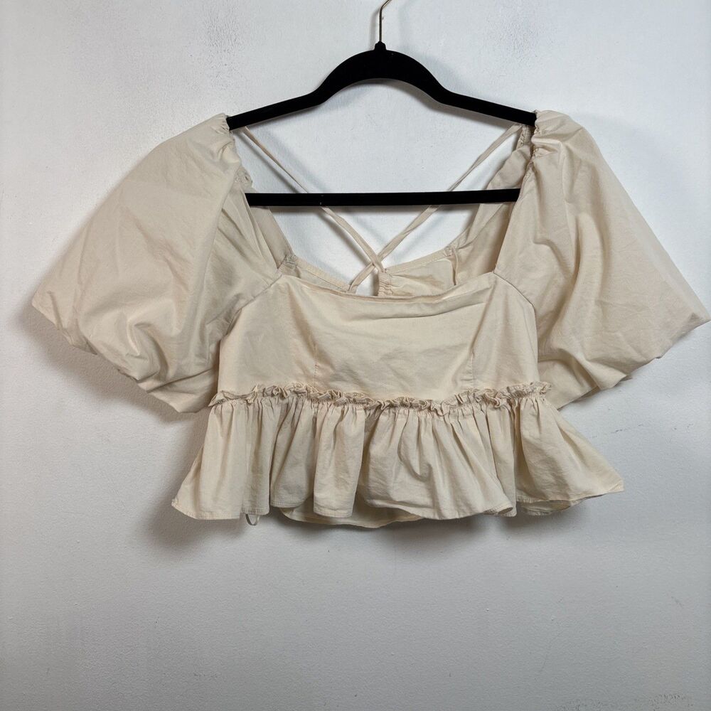 Kimchi Blue Cream Peplum Top Puff Sleeve Back Tie Boho Cottagecore Y2K Size S